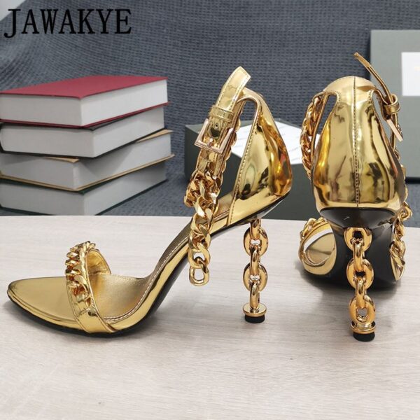Luxury Gold Chain Heel Sandals Summer Sexy Brand Ankle Strap Party Shoes High Heel Sandals Celebrity Women Dress Shoes - Image 5