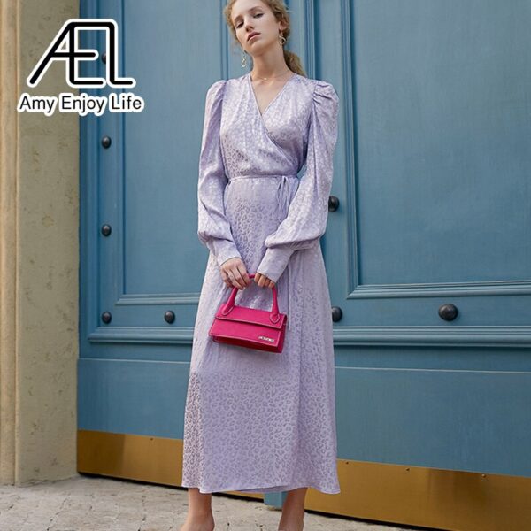 AEL Summer Wrap Dress Satin V-Neck Loose Waist Lace Up Ladies Long Streetwear Violet And Rose Red Pajama Look - Image 3
