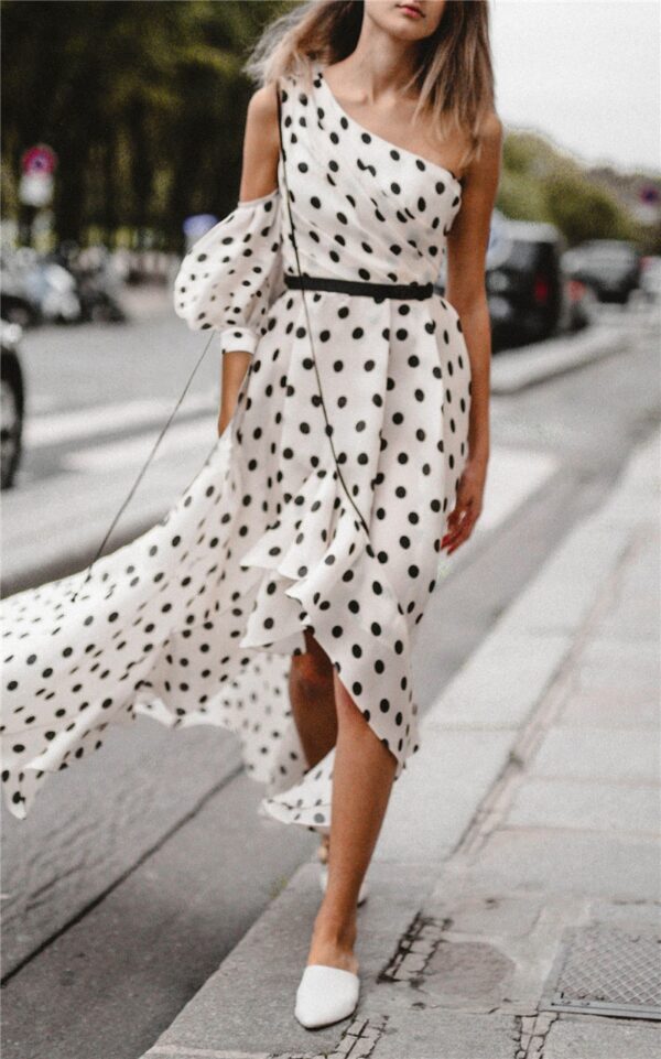 Vacation Style Single Shoulder Sleeve Slash Neck Polka Dot Goddess Chiffon Irregular Dresses Long Dress - Image 5