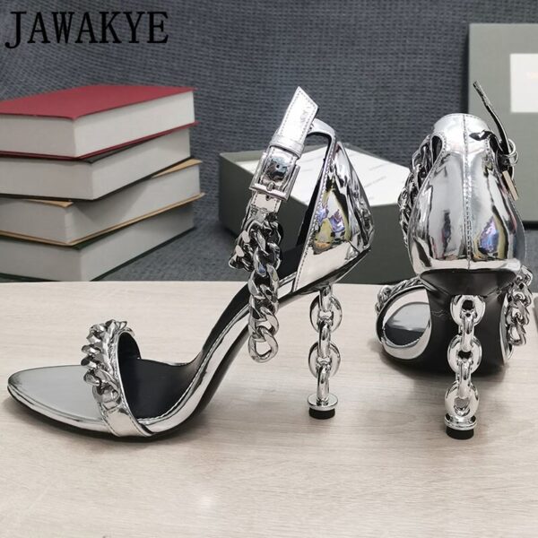 Luxury Gold Chain Heel Sandals Summer Sexy Brand Ankle Strap Party Shoes High Heel Sandals Celebrity Women Dress Shoes - Image 63