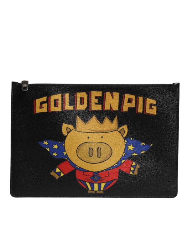 Dolce & Gabbana Black Leather Golden Pig Print Logo Plaque Men Pouch Bag