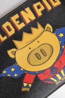 Dolce & Gabbana Black Leather Golden Pig Print Logo Plaque Men Pouch Bag