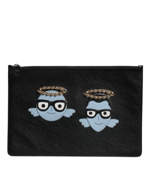 Dolce & Gabbana Black Leather #DGFAMILY Embellished Men Zip Pouch Bag - Image 2
